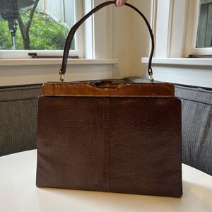 Vintage Lizard + Lucite Large Handbag Shoulder Purse, Made In Italy, Suede Lined